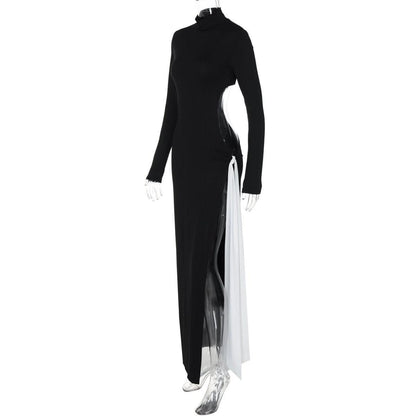 High neck long sleeve hollow out slit knotted cut out maxi dress-final-sale