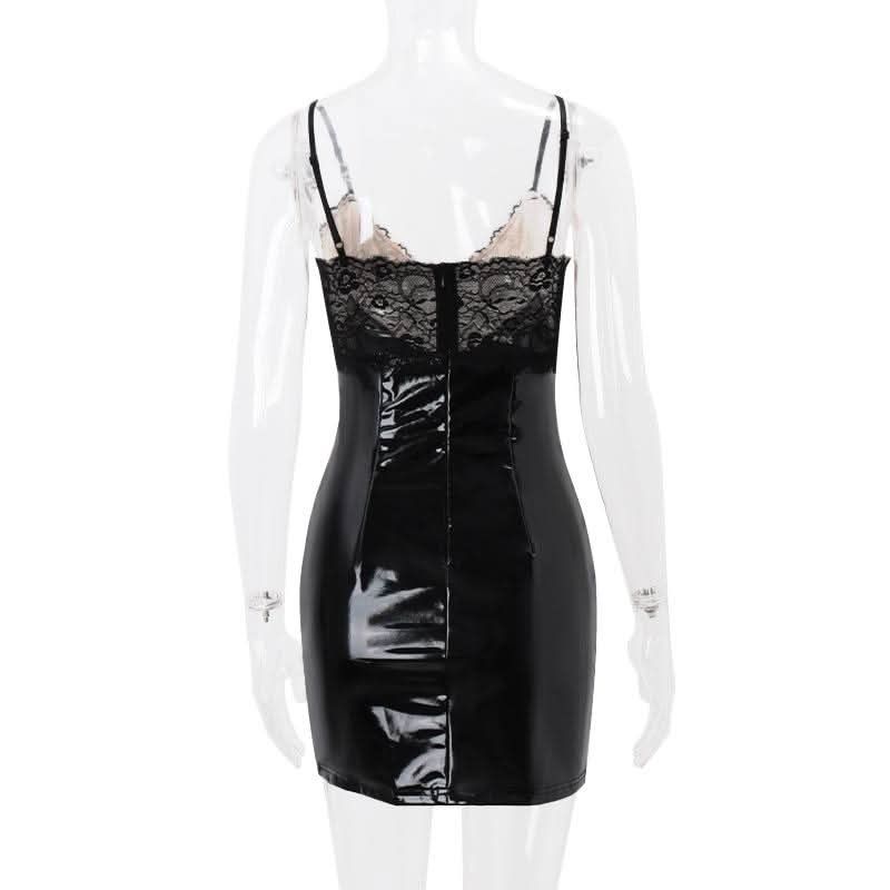 Lace hem v neck PU leather zip-up mini dress
