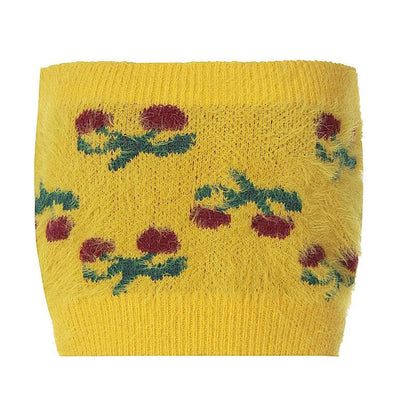 Knitted fluffy cherry print tube top