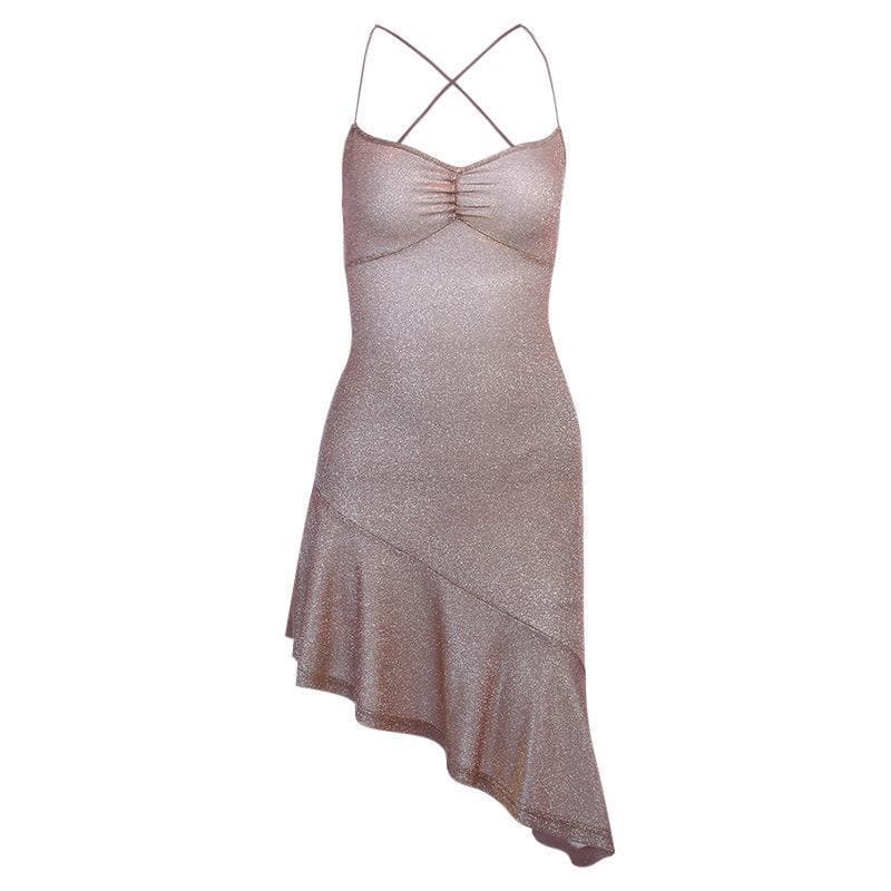 Glitter Spaghetti Strap Cross Back Ruched Asymmetric Ruffle Hem Mini Dress