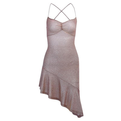 Glitter Spaghetti Strap Cross Back Ruched Asymmetric Ruffle Hem Mini Dress