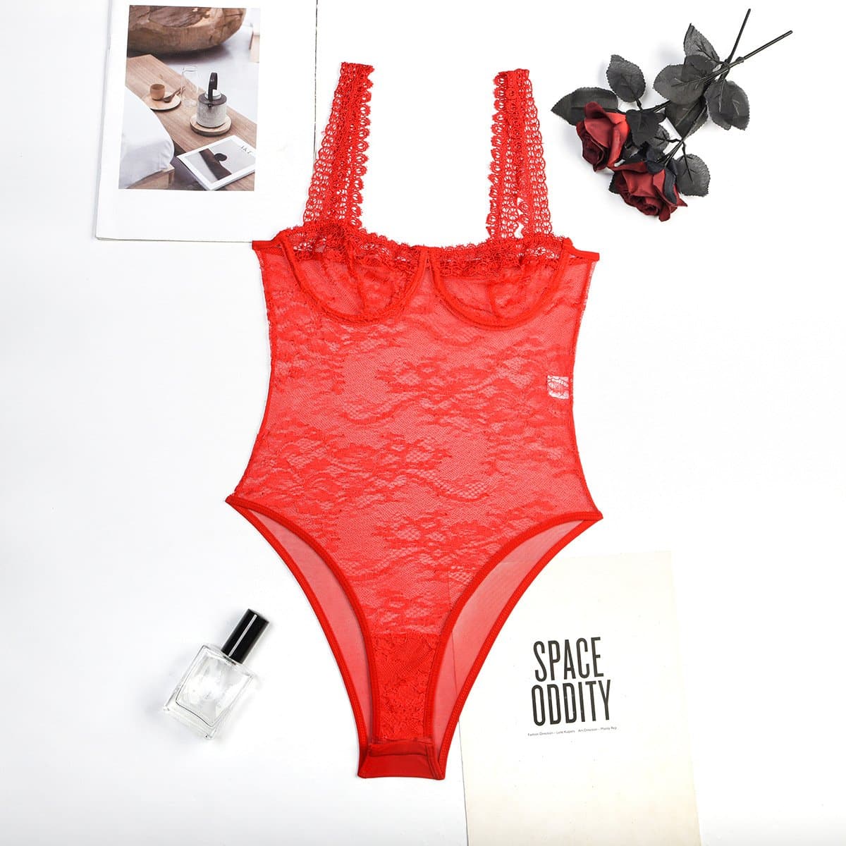Sheer lace see through backless cami bodysuit