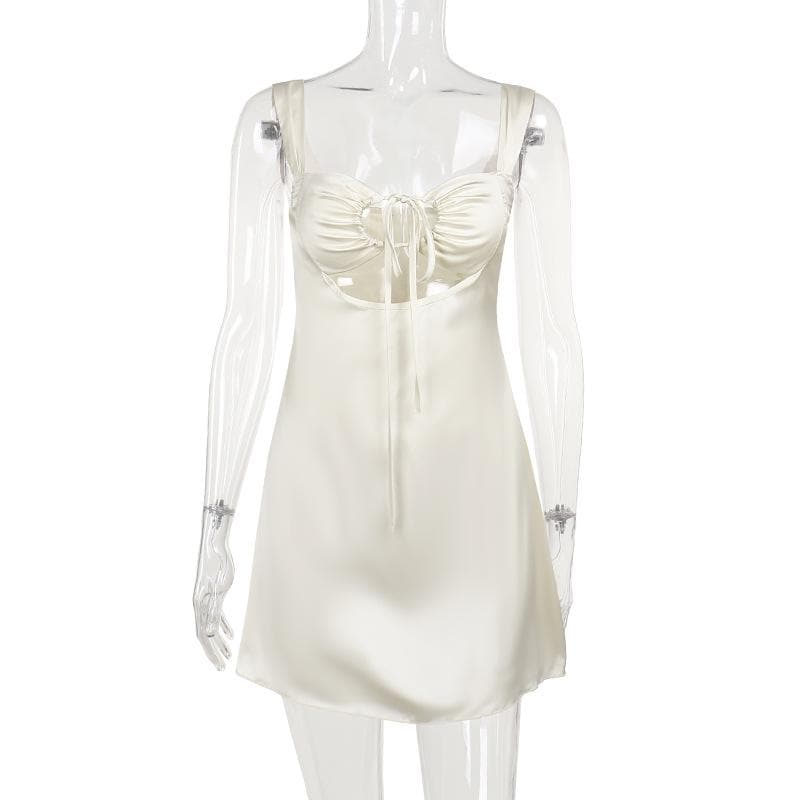 Drawstring ruched satin hollow out cami cut out mini dress