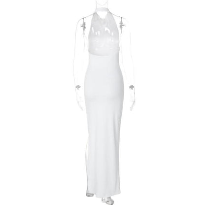 Slit halter sleeveless solid backless ruched maxi dress-final-sale