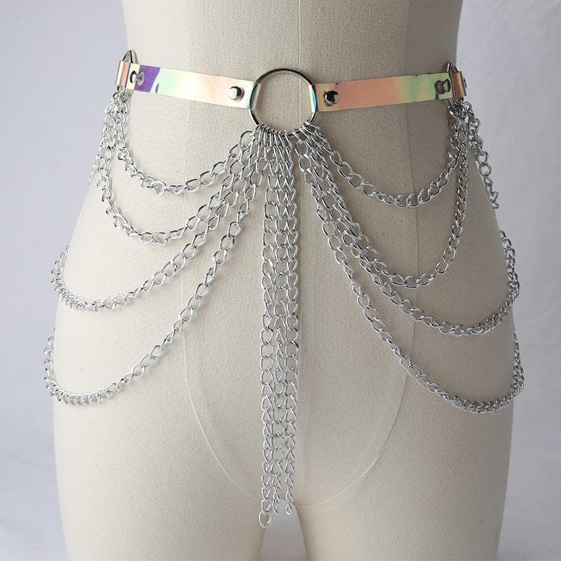 PU leather layered metal chain o ring belt