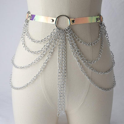 PU leather layered metal chain o ring belt