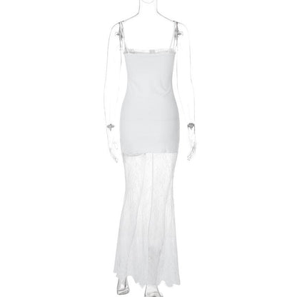 Lace patchwork stitch solid cami maxi dress