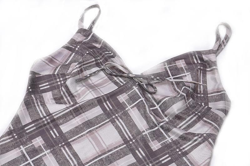 Spaghetti Strap V Neck Tie Front Plaid Print Bodycon Maxi Dress