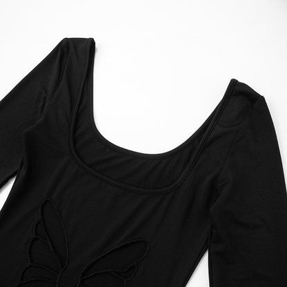 Long sleeve u neck butterfly pattern maxi dress