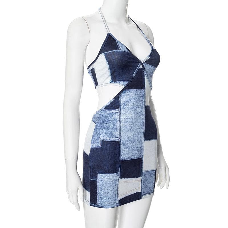Halter patchwork denim hollow out cut out mini dress
