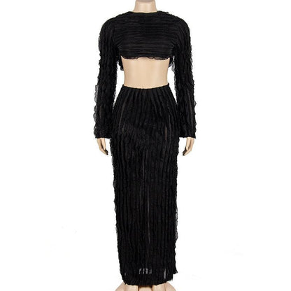 Textured self tie solid backless ruffle maxi skirt set