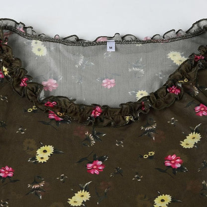 Long sleeve flower print mesh ruffle crop top