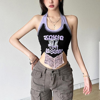 Halter lace patchwork letter pattern top