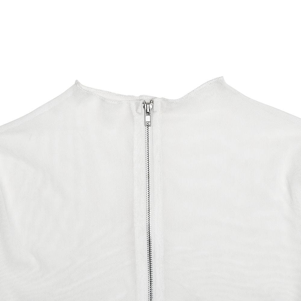 Long sleeve sheer mesh zip-up stitch maxi dress