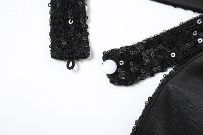 Halter gloves button glitter cowl neck irregular top-final-sale