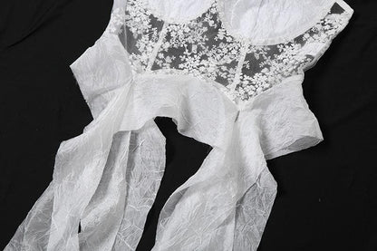 Mesh embroidery ruffle backless cami top
