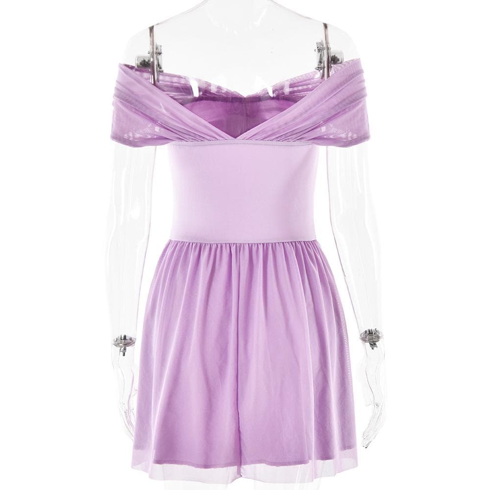 Short sleeve off shoulder knotted mesh patchwork mini dress
