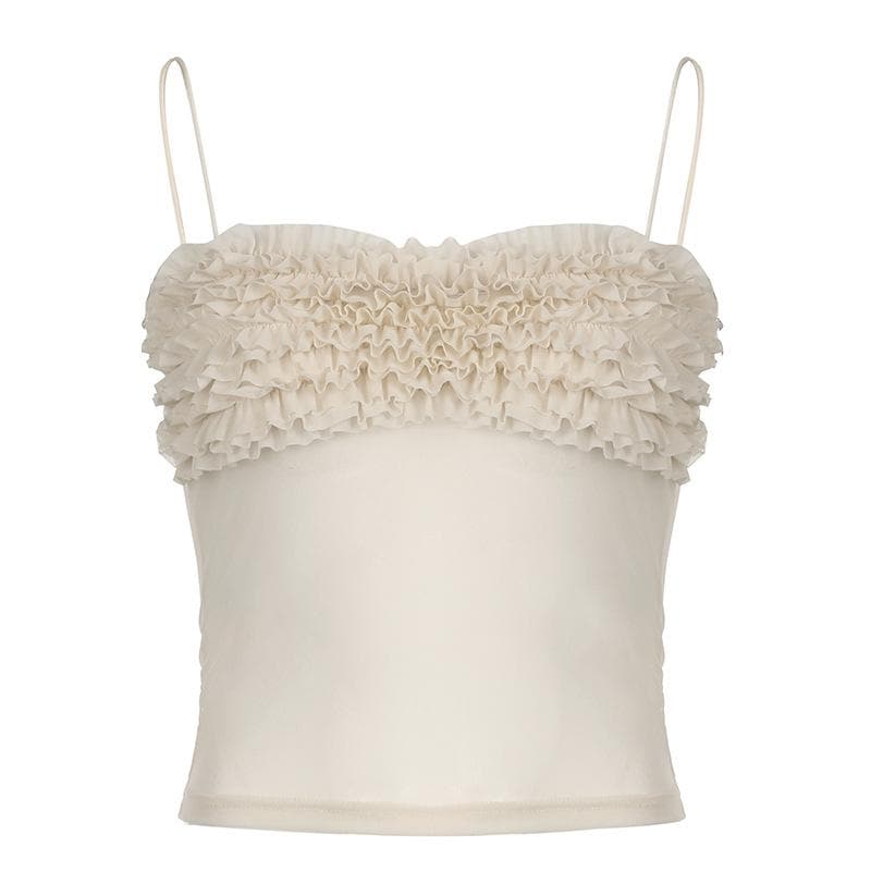 Ruched ruffle sheer mesh cami top