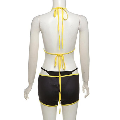 Halter v neck self tie contrast 3 piece pant set