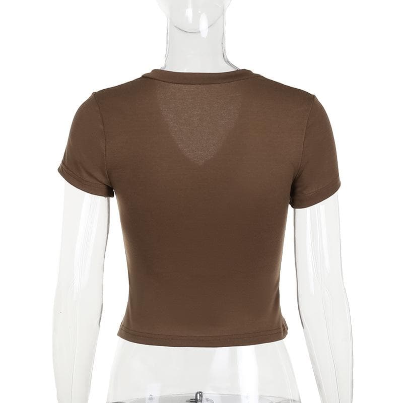 Short sleeve v neck button solid top