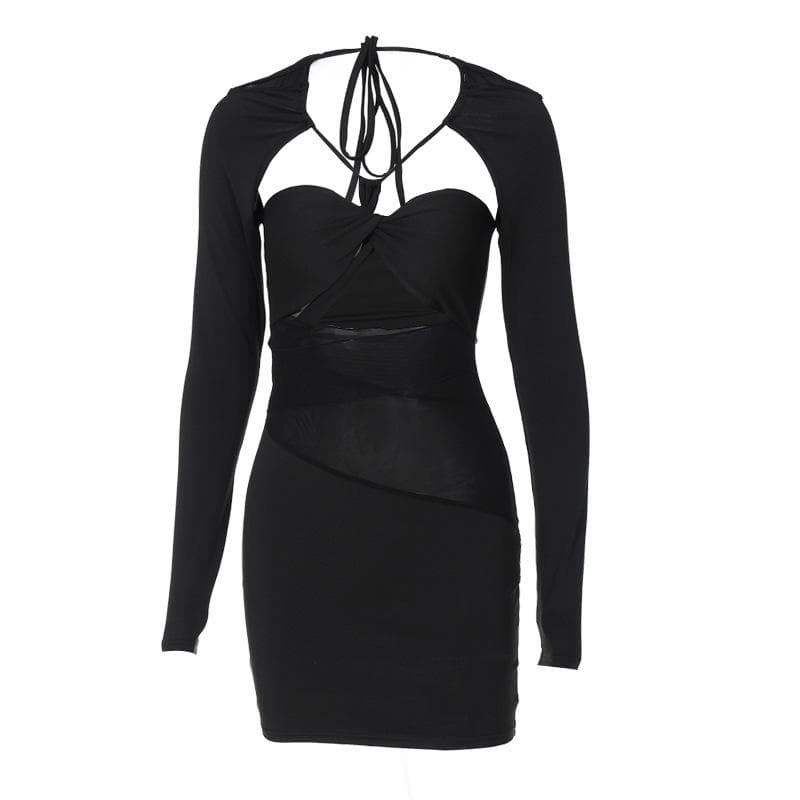 Strappy Halter Mesh Panel Cutout Long Sleeve Bodycon Mini Dress