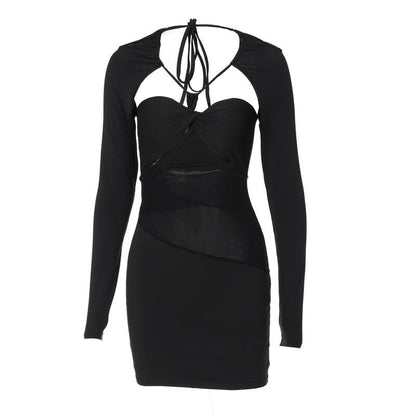 Strappy Halter Mesh Panel Cutout Long Sleeve Bodycon Mini Dress