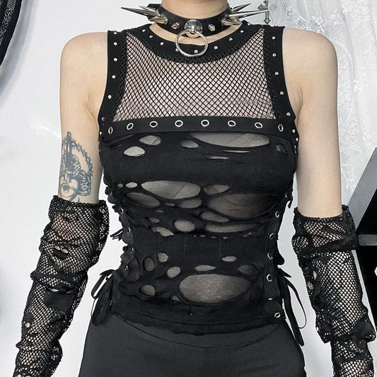 Crewneck fishnet buckle hollow out lace up tank cut out top