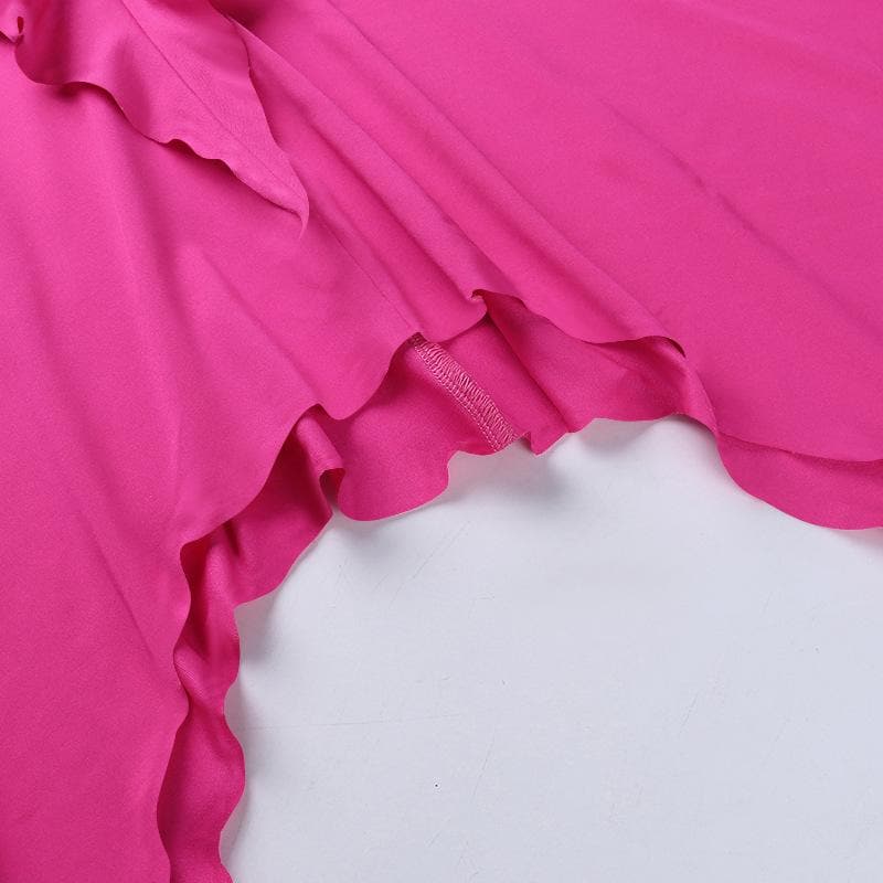 Halter flower applique backless ruffle u neck solid mini dress