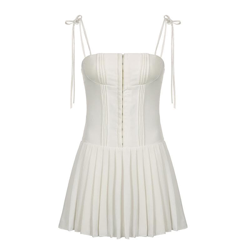 Corset Hook-Front Tie Shoulder Pleated Skirt Mini Dress