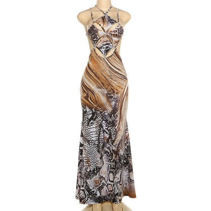 Hollow out snakeskin print halter self tie cut out maxi dress