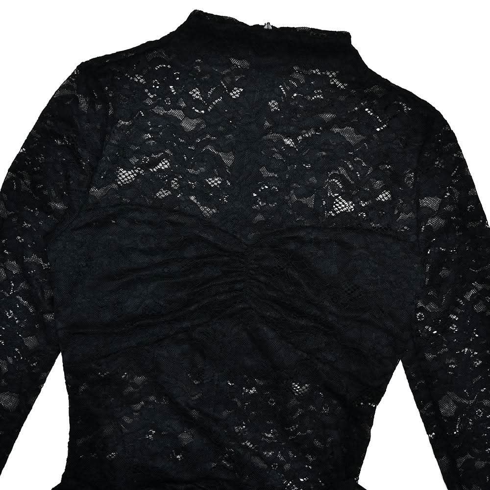 Crewneck long sleeve lace o ring ruched mini dress