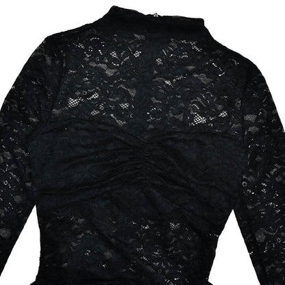 Crewneck long sleeve lace o ring ruched mini dress