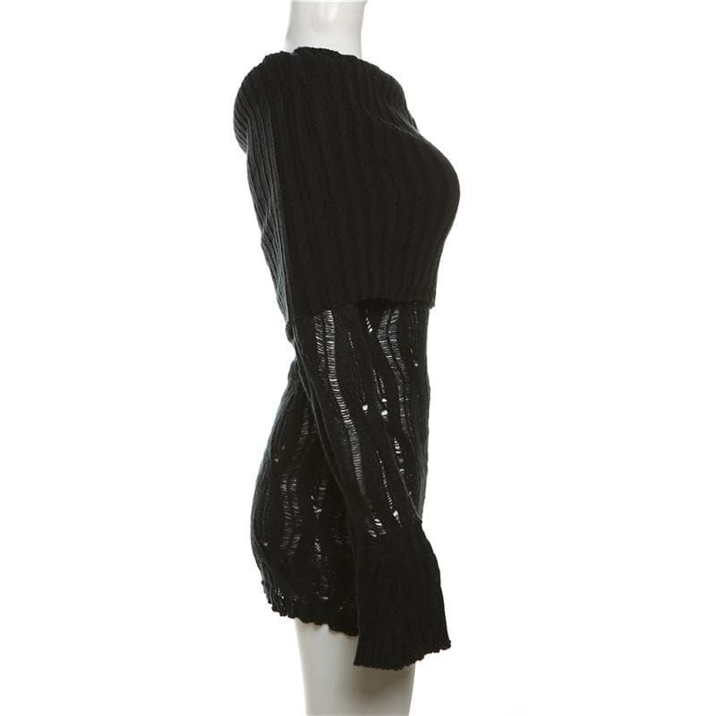 Crochet off shoulder long sleeve hollow out cut out mini dress