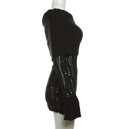 Crochet off shoulder long sleeve hollow out cut out mini dress