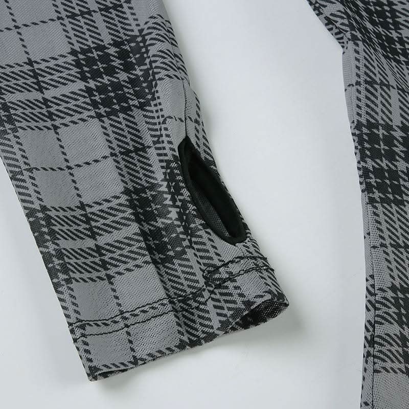 Long sleeve plaid crewneck mesh top