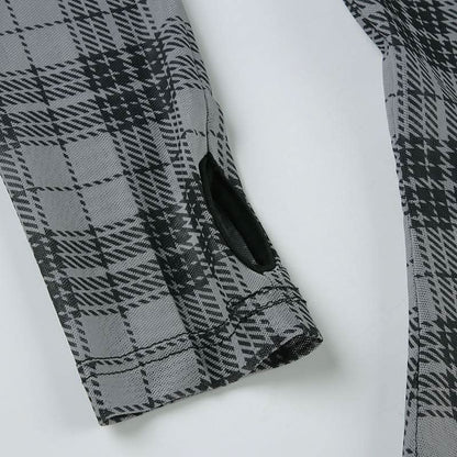 Long sleeve plaid crewneck mesh top