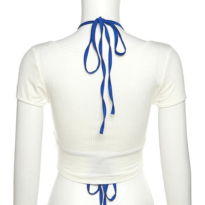 Short sleeve self tie contrast halter button 2 piece crop top