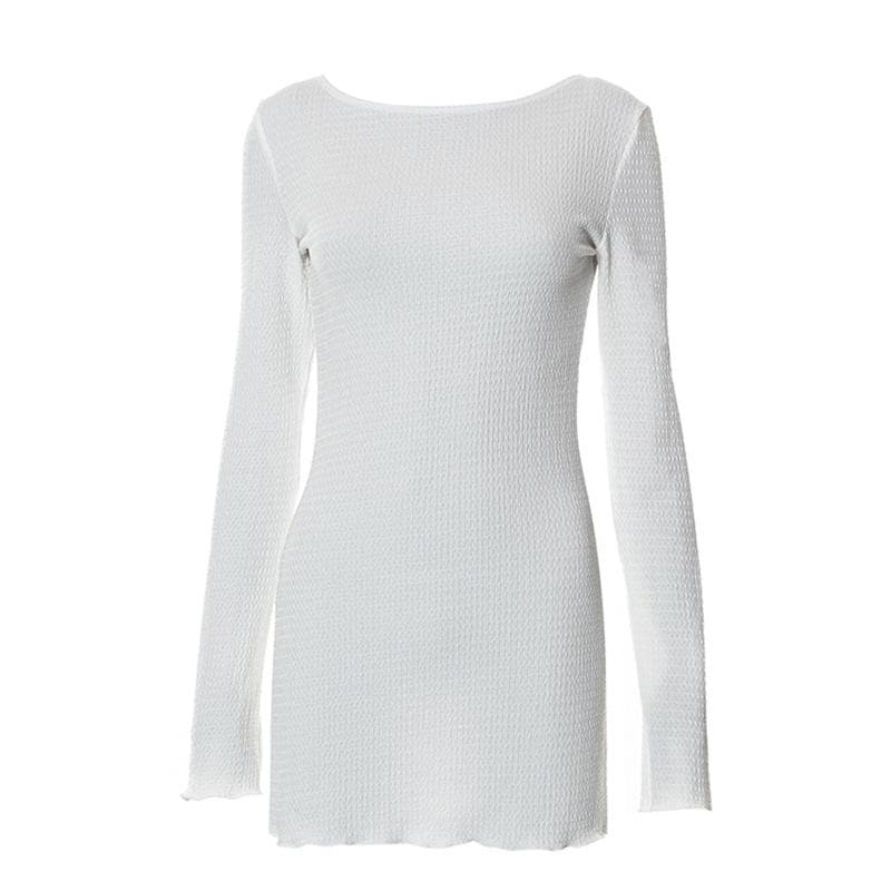 Boat Neck Long Sleeve Crinkled Texture Self Tie Backless Mini Dress