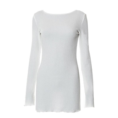 Boat Neck Long Sleeve Crinkled Texture Self Tie Backless Mini Dress