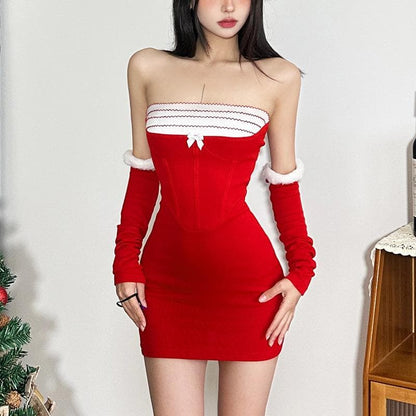 Contrast patchwork gloves fluffy ruffle backless tube mini dress-final-sale