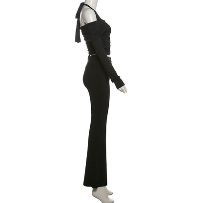 Halter long sleeve off shoulder button ruched pant set