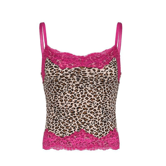 Leopard print lace hem slit cami top