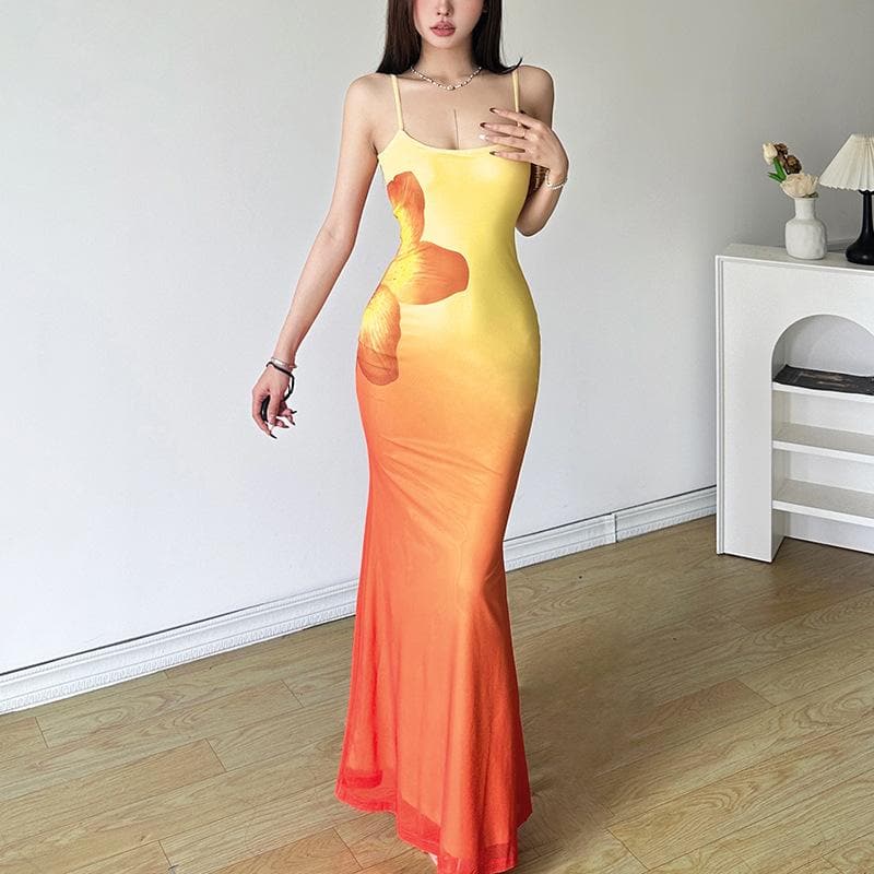 U neck gradient flower print cami maxi dress