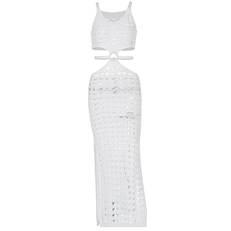U neck knitted o ring see through tank midi dress