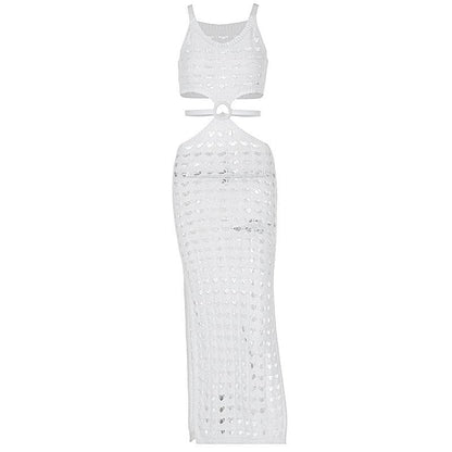 U neck knitted o ring see through tank midi dress