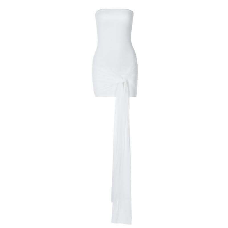 Backless ruched mesh self tie solid tube mini dress-final-sale