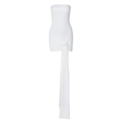 Backless ruched mesh self tie solid tube mini dress-final-sale