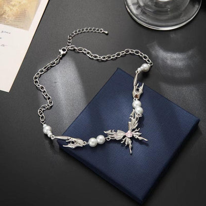 Butterfly adjustable faux pearl choker necklace