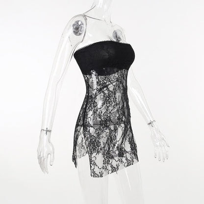 Floral Lace Strapless Tube Side Slit Backless Mini Dress