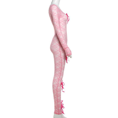 Long sleeve bowknot u neck lace see through jumpsuit-final-sale
